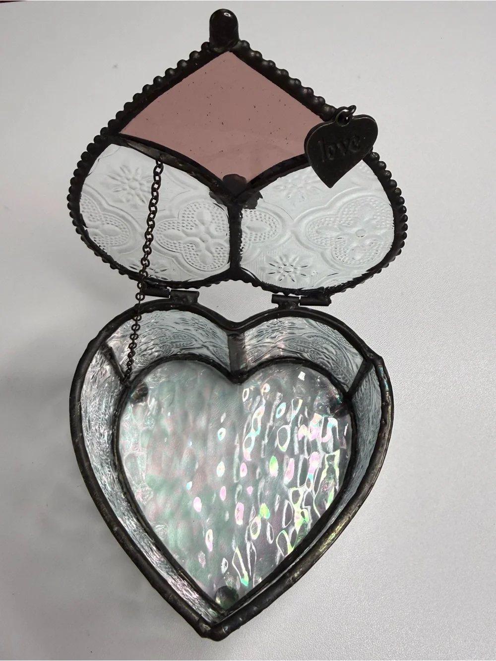 Heart Shaped Stained Glass Trinket Box - Iridescent Pink & Clear